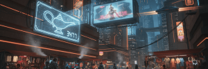 AI Era News: Futuristic cyberpunk city with neon lights, digital billboards, and bustling street mar.