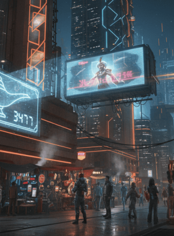 AI Era News: Futuristic cyberpunk city with neon lights, digital billboards, and bustling street mar.