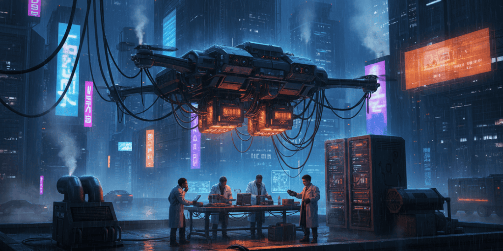 AI technology lab with advanced robotics and holographic displays in a cyberpunk cityscape.