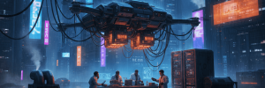 AI technology lab with advanced robotics and holographic displays in a cyberpunk cityscape.