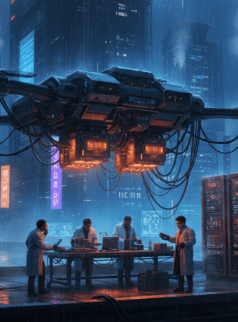 AI technology lab with advanced robotics and holographic displays in a cyberpunk cityscape.