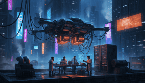 AI technology lab with advanced robotics and holographic displays in a cyberpunk cityscape.