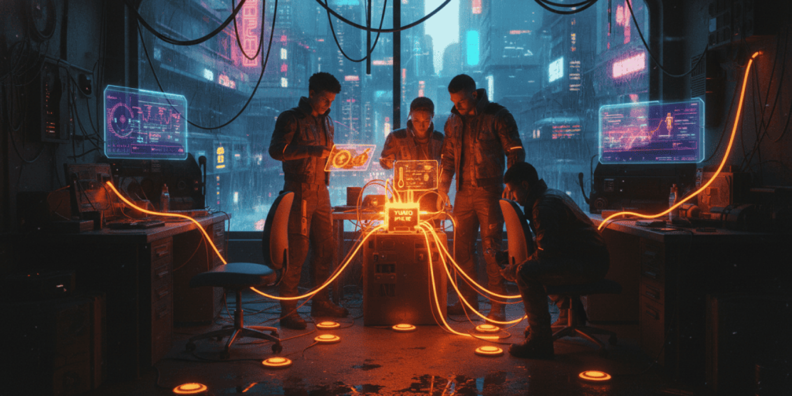 Group of young professionals working on AI and data analysis in a futuristic cyberpunk environment.