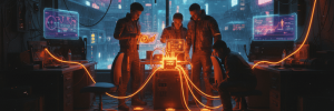 Group of young professionals working on AI and data analysis in a futuristic cyberpunk environment.