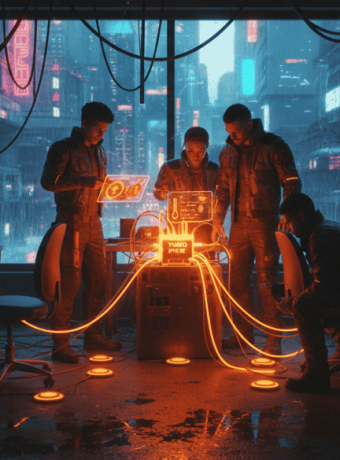 Group of young professionals working on AI and data analysis in a futuristic cyberpunk environment.