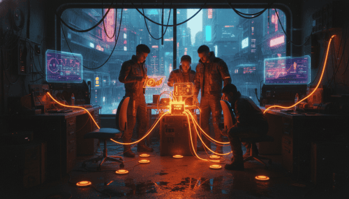Group of young professionals working on AI and data analysis in a futuristic cyberpunk environment.