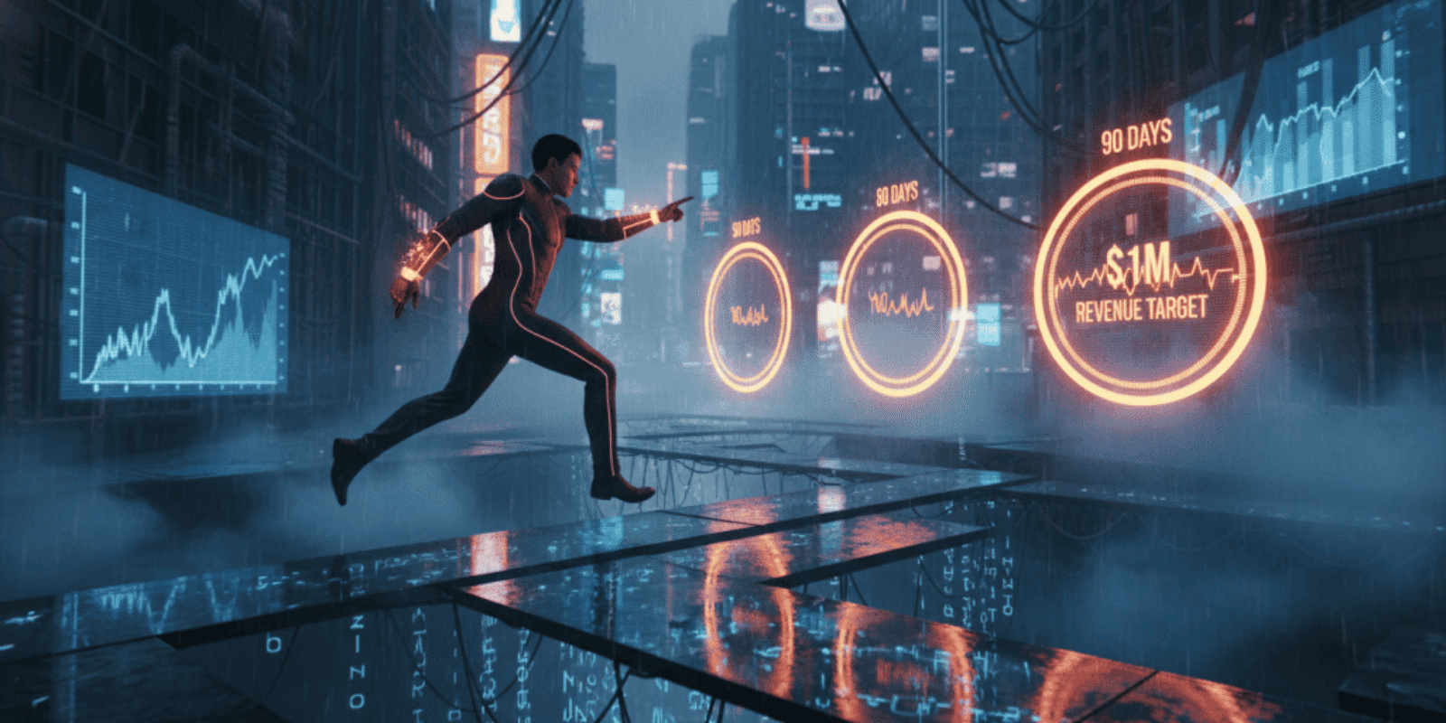 Businessman running through a futuristic city with AI and data analytics visuals.