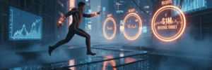 Businessman running through a futuristic city with AI and data analytics visuals.