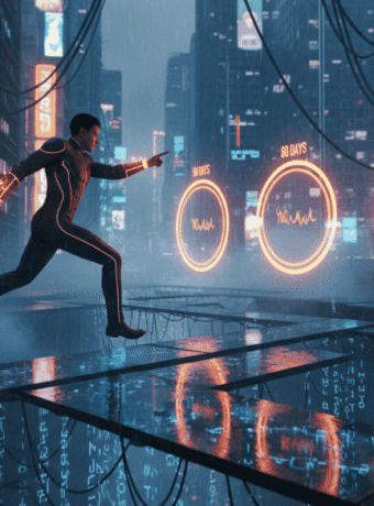 Businessman running through a futuristic city with AI and data analytics visuals.