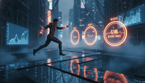 Businessman running through a futuristic city with AI and data analytics visuals.