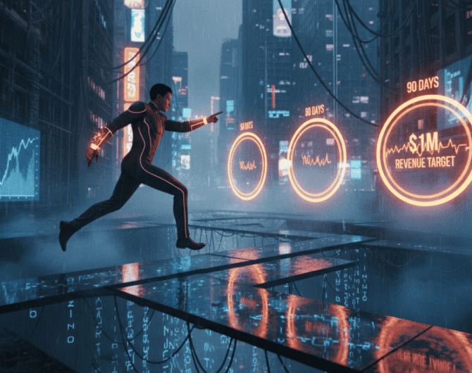 Businessman running through a futuristic city with AI and data analytics visuals.