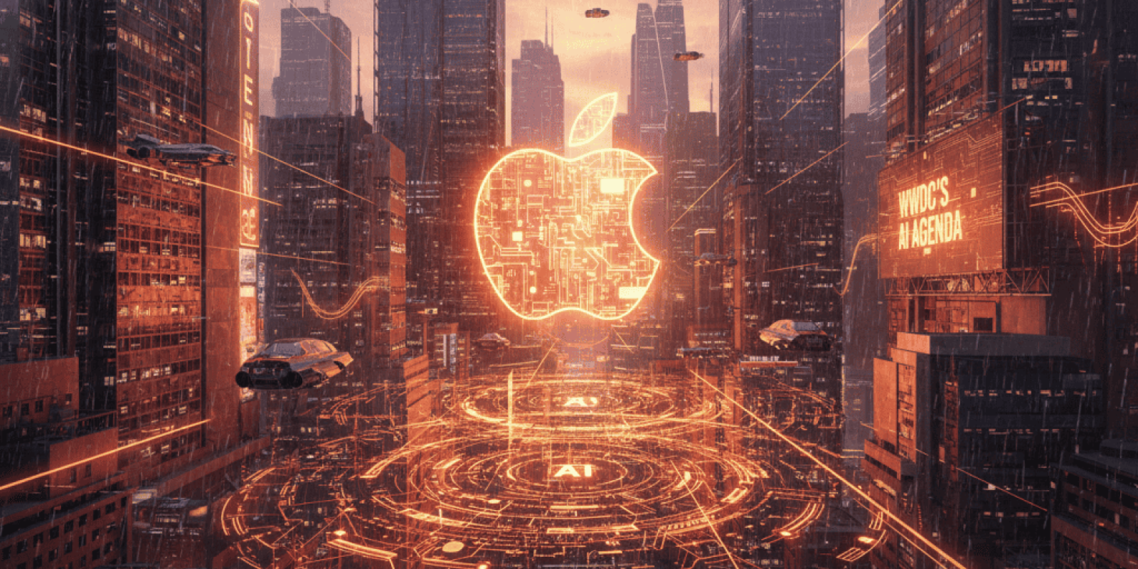 Digital cityscape featuring a glowing Apple logo and advanced technology elements.