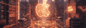 Digital cityscape featuring a glowing Apple logo and advanced technology elements.