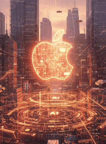 Digital cityscape featuring a glowing Apple logo and advanced technology elements.