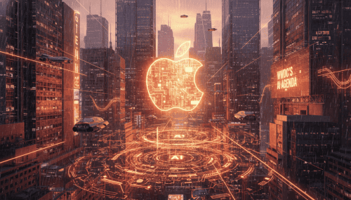 Digital cityscape featuring a glowing Apple logo and advanced technology elements.