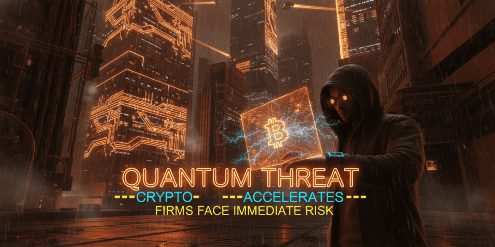 Man holding a digital Bitcoin symbol amid a futuristic cityscape at night, highlighting cybersecurit.