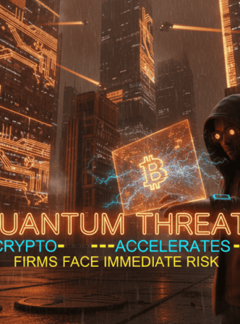 Man holding a digital Bitcoin symbol amid a futuristic cityscape at night, highlighting cybersecurit.