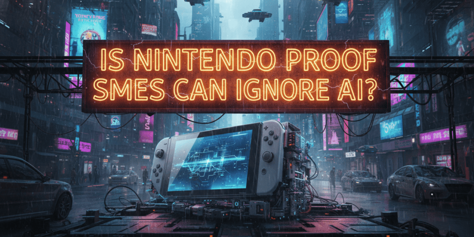 Futuristic cityscape with gaming console and neon signs about AI and gaming innovation.