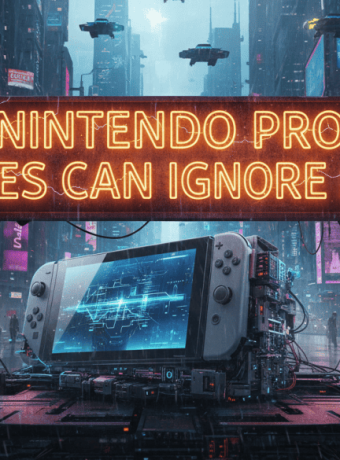 Futuristic cityscape with gaming console and neon signs about AI and gaming innovation.