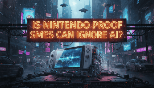 Futuristic cityscape with gaming console and neon signs about AI and gaming innovation.