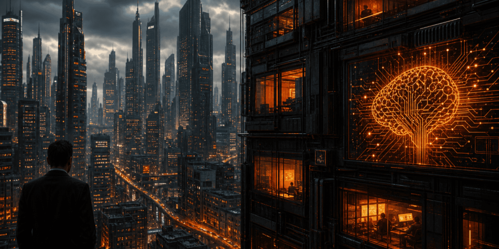 Futuristic cityscape with AI-powered buildings and glowing neural network illustration.