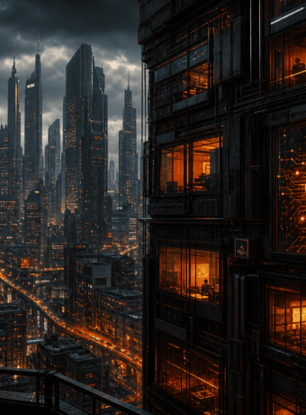 Futuristic cityscape with AI-powered buildings and glowing neural network illustration.
