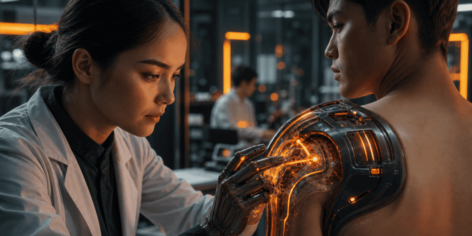 Female scientist applying futuristic robotic shoulder implant in a high-tech lab.