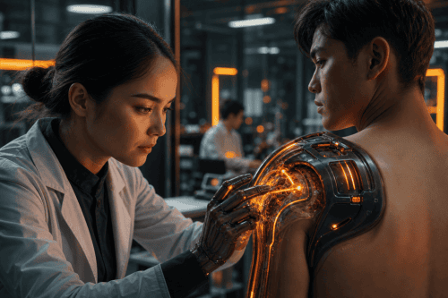 Female scientist applying futuristic robotic shoulder implant in a high-tech lab.