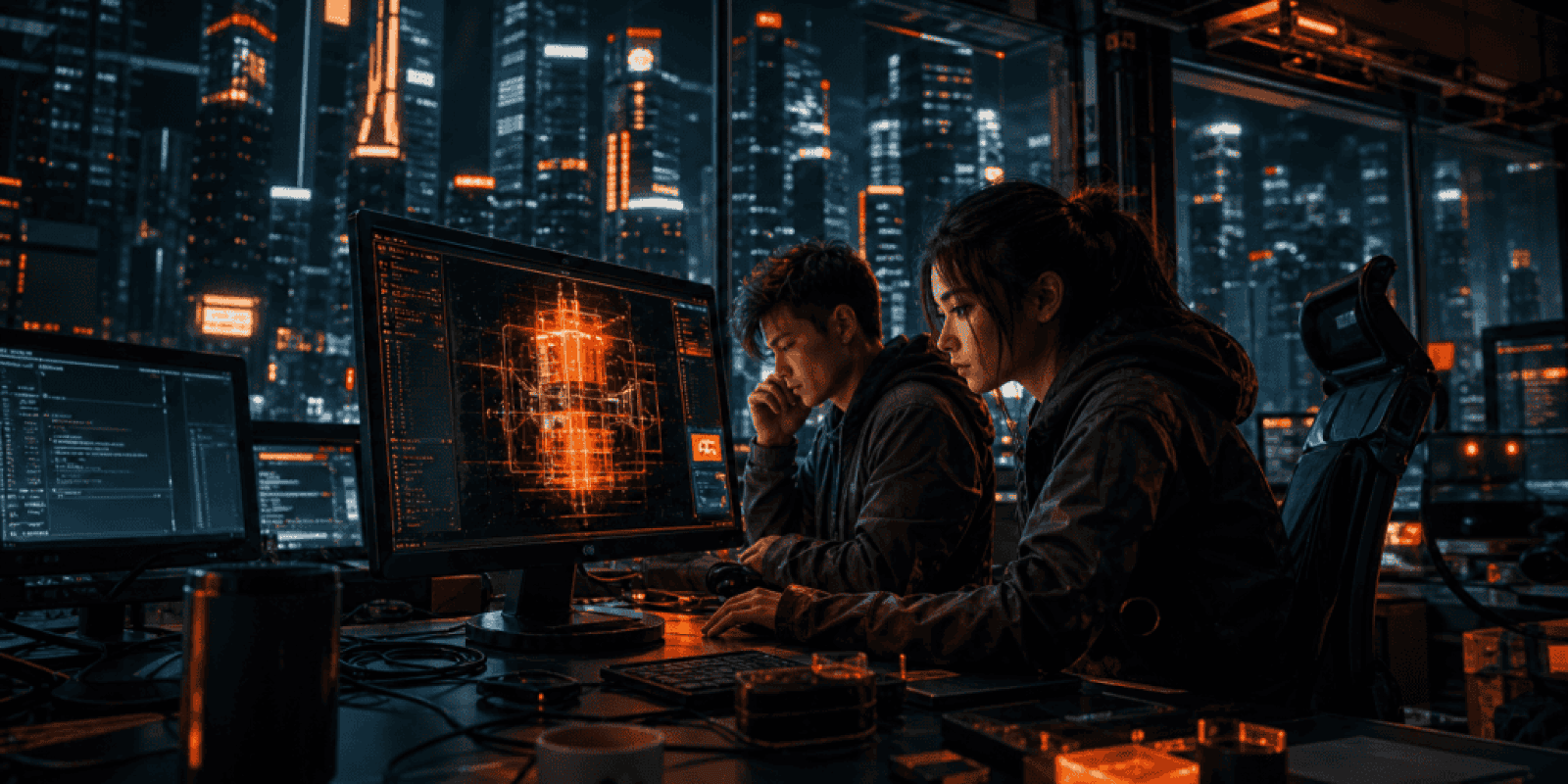 AI cybersecurity experts working on advanced threat detection in a futuristic data center.