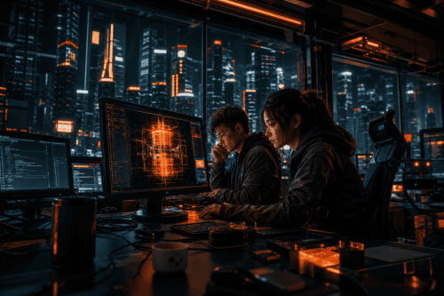 AI cybersecurity experts working on advanced threat detection in a futuristic data center.
