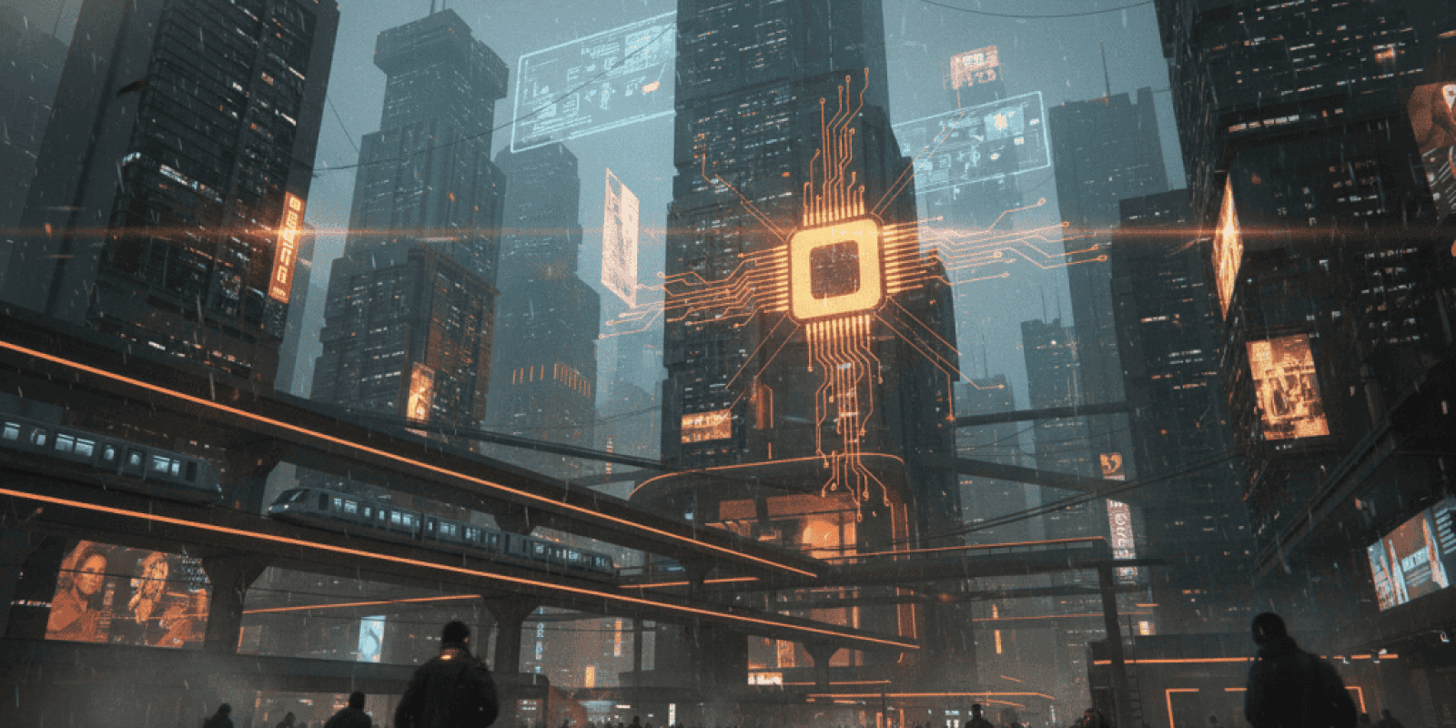 AI-powered city skyline with digital circuits and holographic displays.