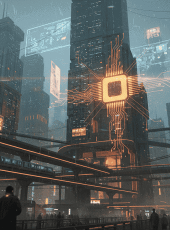 AI-powered city skyline with digital circuits and holographic displays.