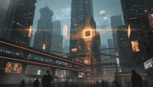 AI-powered city skyline with digital circuits and holographic displays.