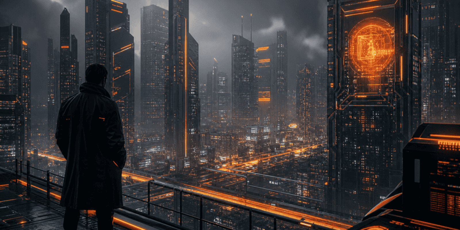 Futuristic city skyline with glowing digital interfaces and skyscrapers, highlighting AI and technol.