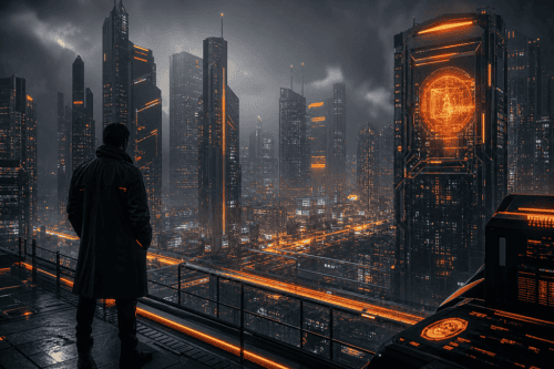 Futuristic city skyline with glowing digital interfaces and skyscrapers, highlighting AI and technol.