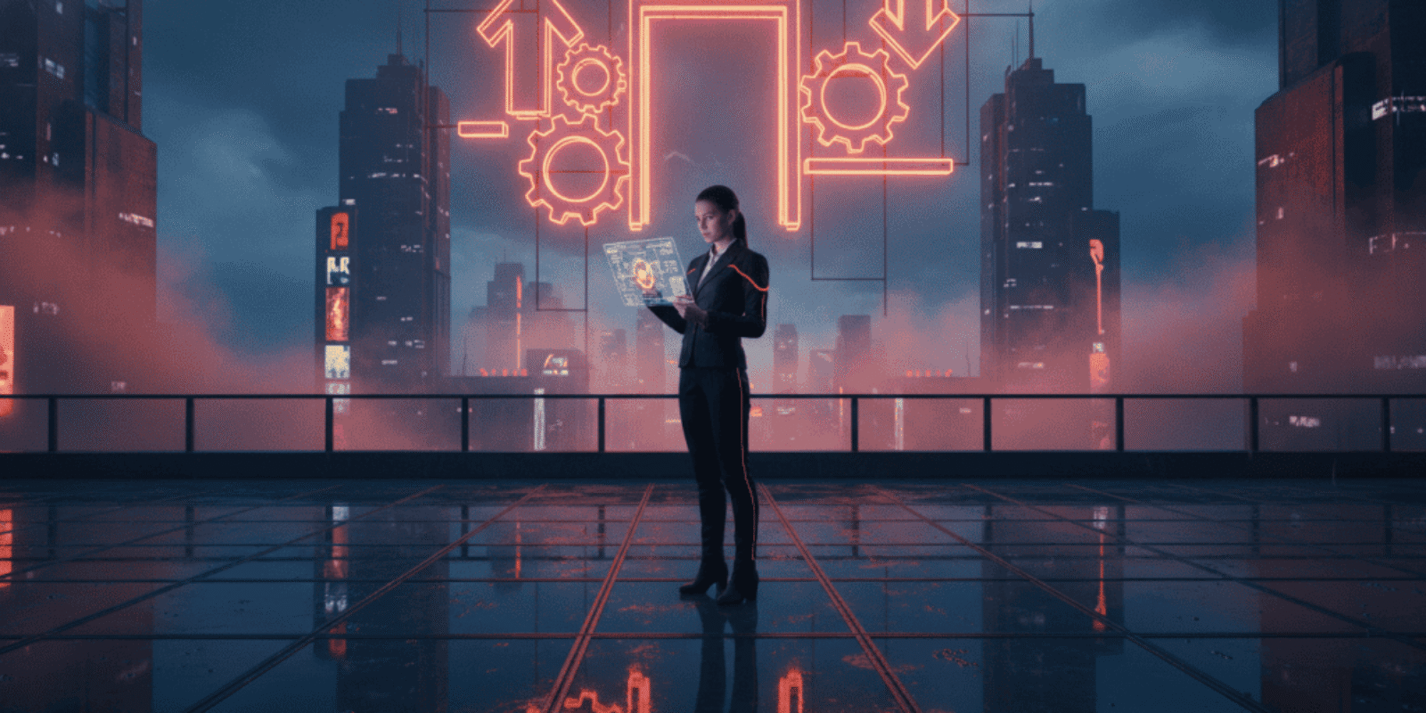 Businesswoman using digital tablet with AI and data icons in futuristic cityscape.