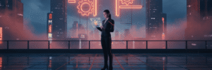 Businesswoman using digital tablet with AI and data icons in futuristic cityscape.