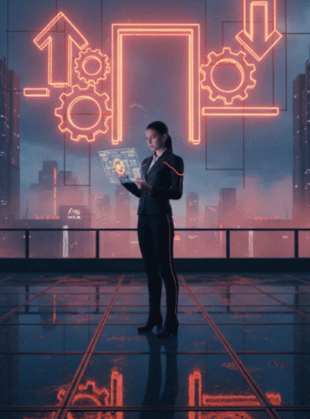 Businesswoman using digital tablet with AI and data icons in futuristic cityscape.