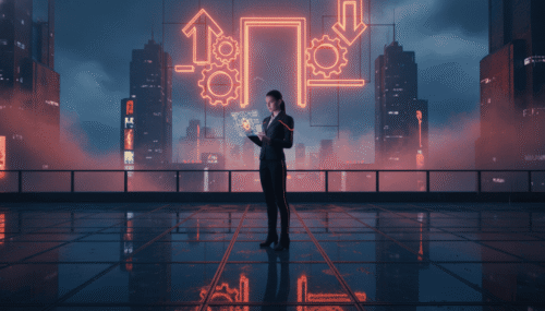 Businesswoman using digital tablet with AI and data icons in futuristic cityscape.