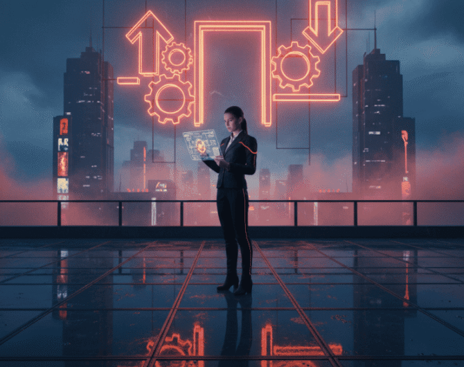 Businesswoman using digital tablet with AI and data icons in futuristic cityscape.