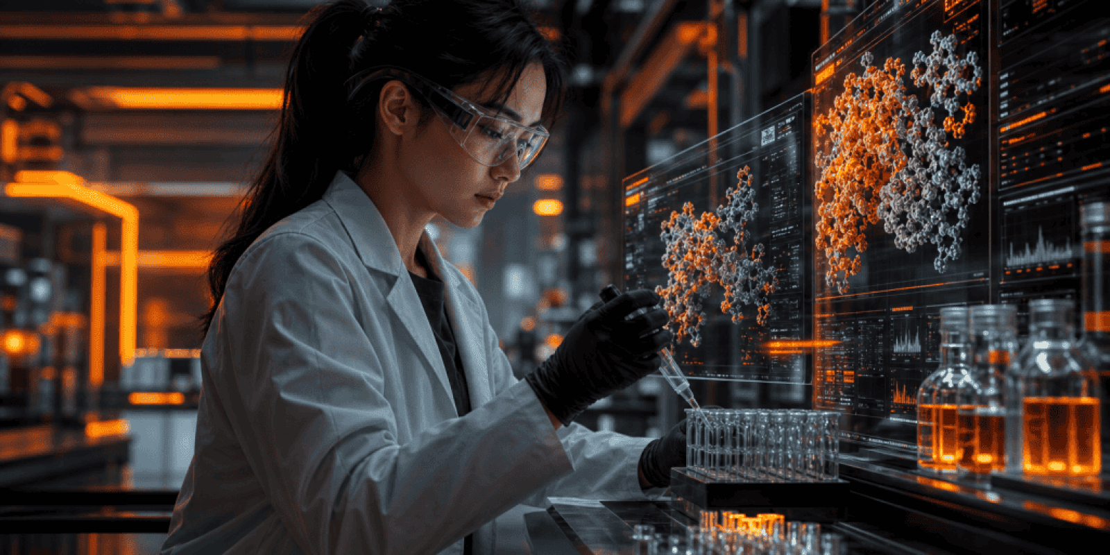 Scientist working with molecular models in an advanced AI research lab.