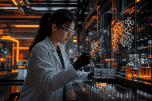 Scientist working with molecular models in an advanced AI research lab.