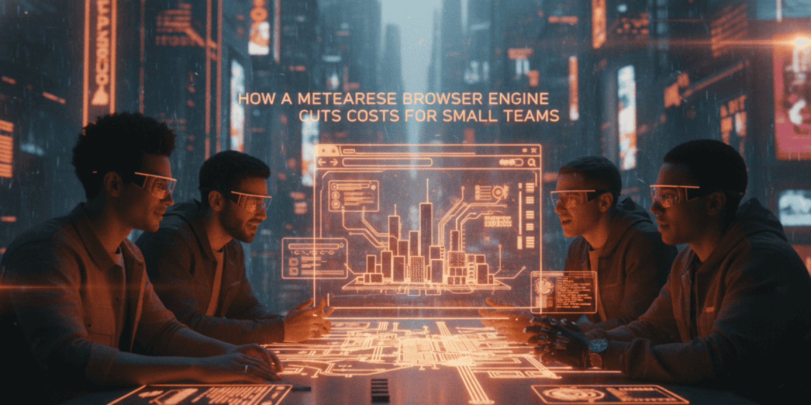 Group of young professionals working with futuristic digital interfaces in a high-tech environment.