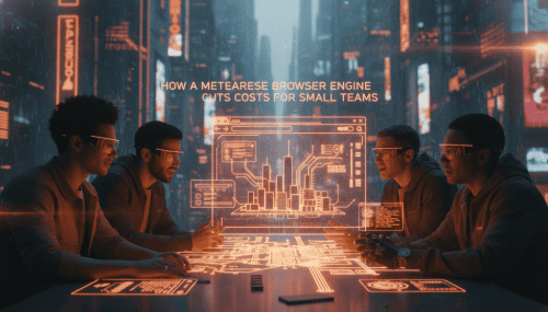 Group of young professionals working with futuristic digital interfaces in a high-tech environment.
