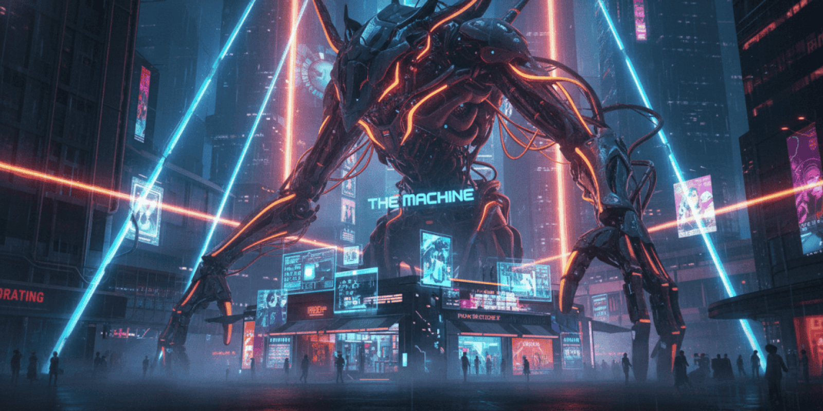 AI robot towering over a neon-lit cityscape with digital screens and laser lights, representing the.