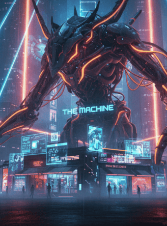 AI robot towering over a neon-lit cityscape with digital screens and laser lights, representing the.