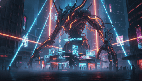 AI robot towering over a neon-lit cityscape with digital screens and laser lights, representing the.