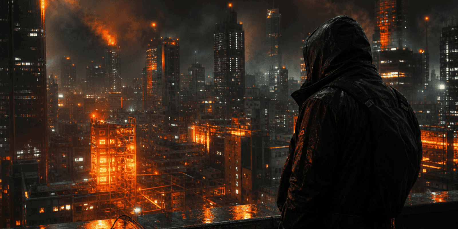 Futuristic city skyline with illuminated skyscrapers and a lone figure overlooking the vibrant, high.