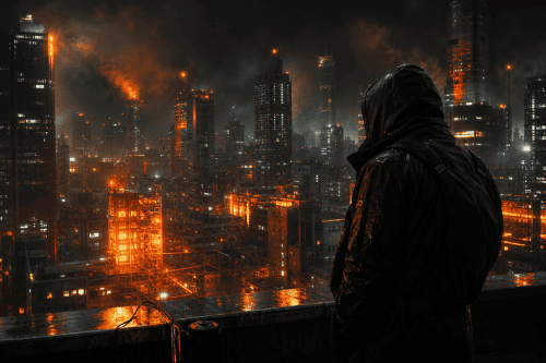 Futuristic city skyline with illuminated skyscrapers and a lone figure overlooking the vibrant, high.