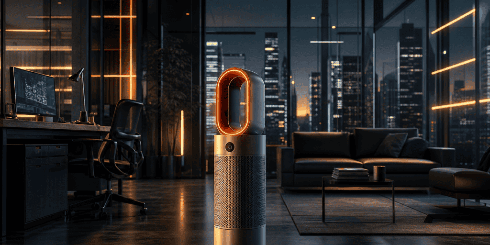 Modern air purifier with Dyson-style bladeless design in sleek office environment at night.
